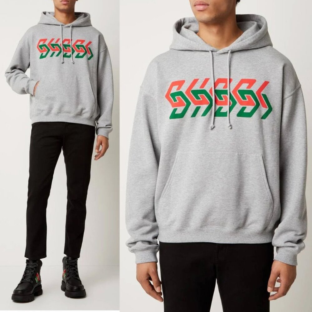 GUCCI MENS SWEATSHIRT GREY COTTON LOGO CHAIN PRINT HOODIE sz M